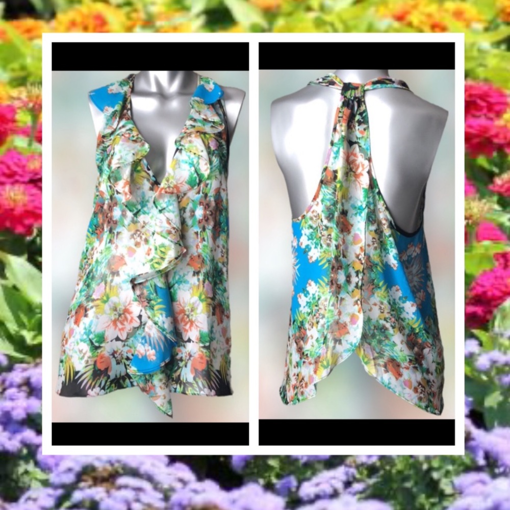 Bisou Bisou Mixed Floral Print Sheer Halter Top Blouse